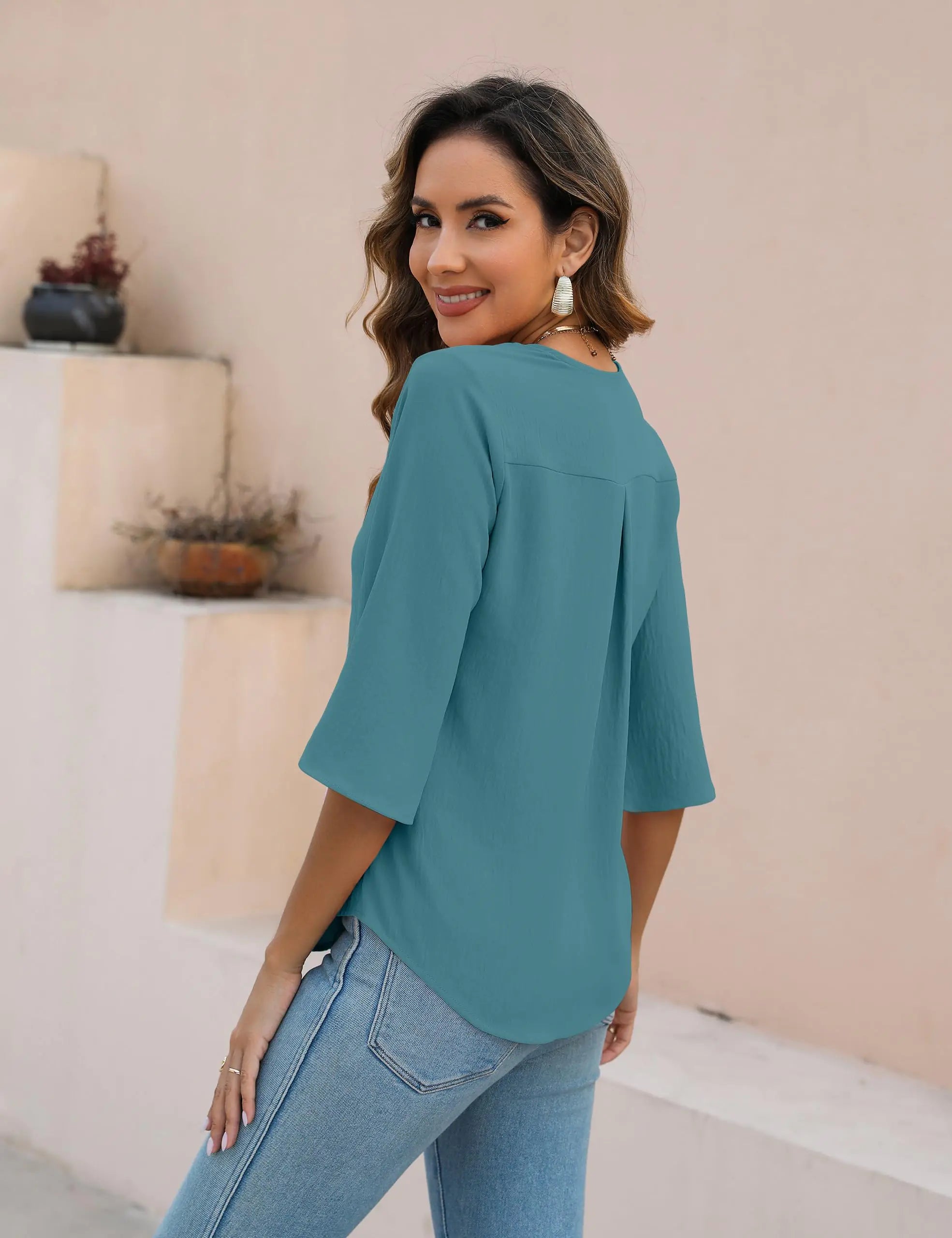 Women’s 3/4 Sleeve V-Neck Ruffle Blouse - 0