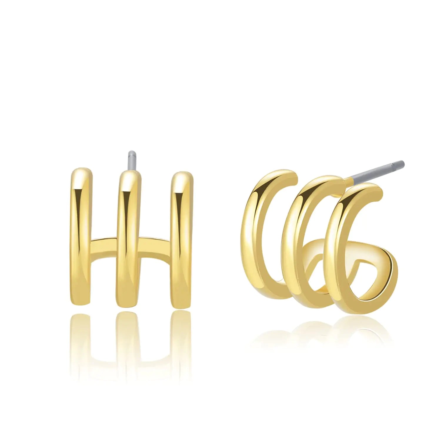 Obidos 14K Gold Plated Triple Huggie Illusion Stud Earrings | Double Huggie Hoop Earrings for One Hole | Gold Hoop Earrings for Women Triple Huggie Hoops