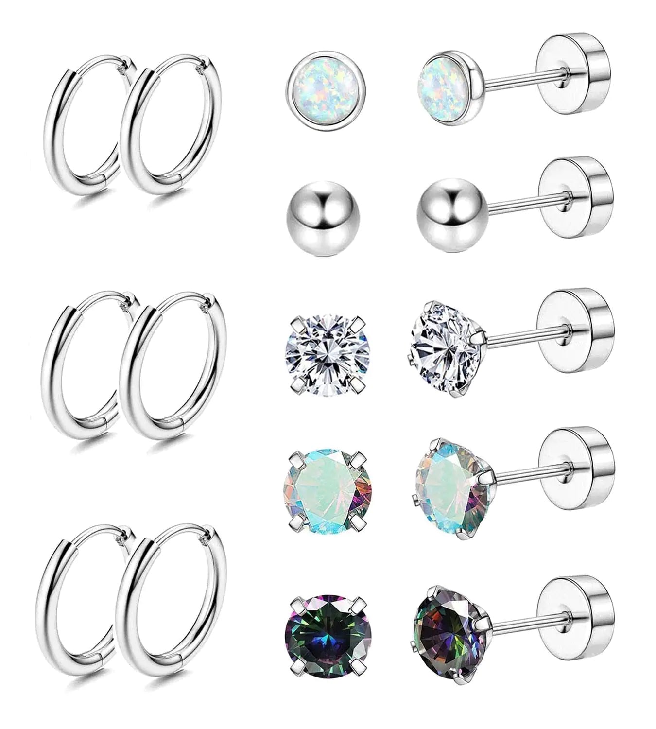 Buy silver Jstyle Surgical Steel Earrings for Sensitive Ears Hypoallergenic 20G Stainless Steel Stud Hoop Earrings for Women Men Small Opal Ball CZ Surgical Steel Flat Back Earrings Cartilage Earrings Hoop Stud Silver