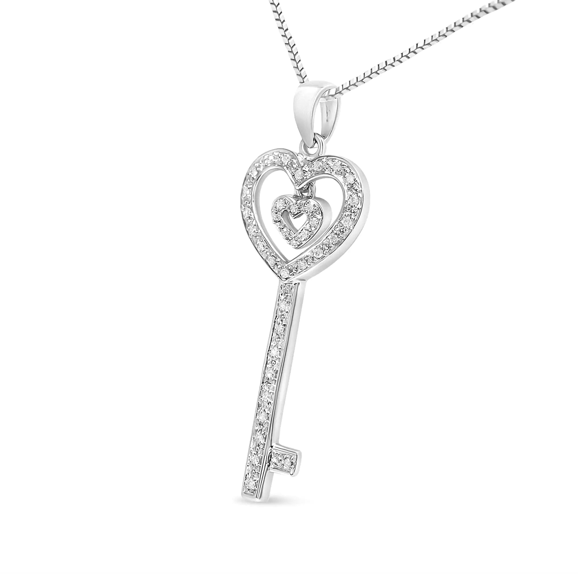 .925 Sterling Silver Double Heart & Key Pendant Necklace