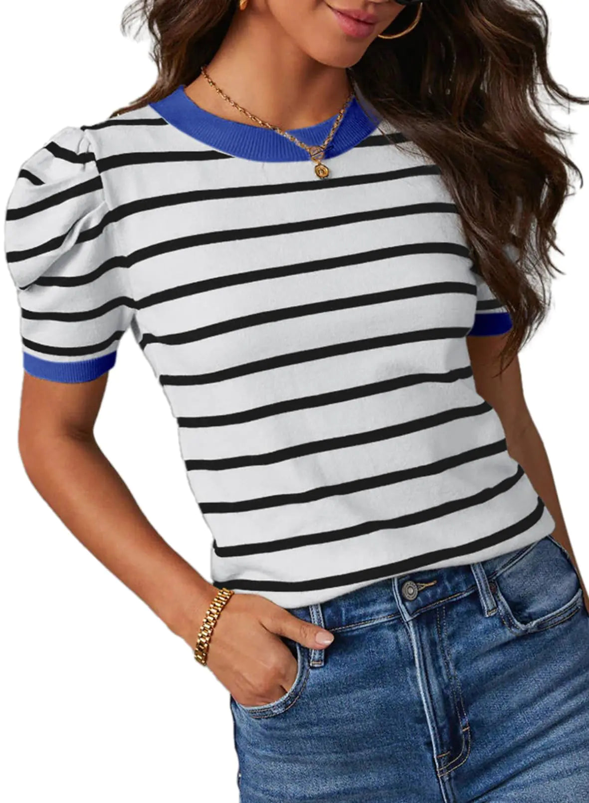 Trendy Puff Sleeve Striped Knit Top