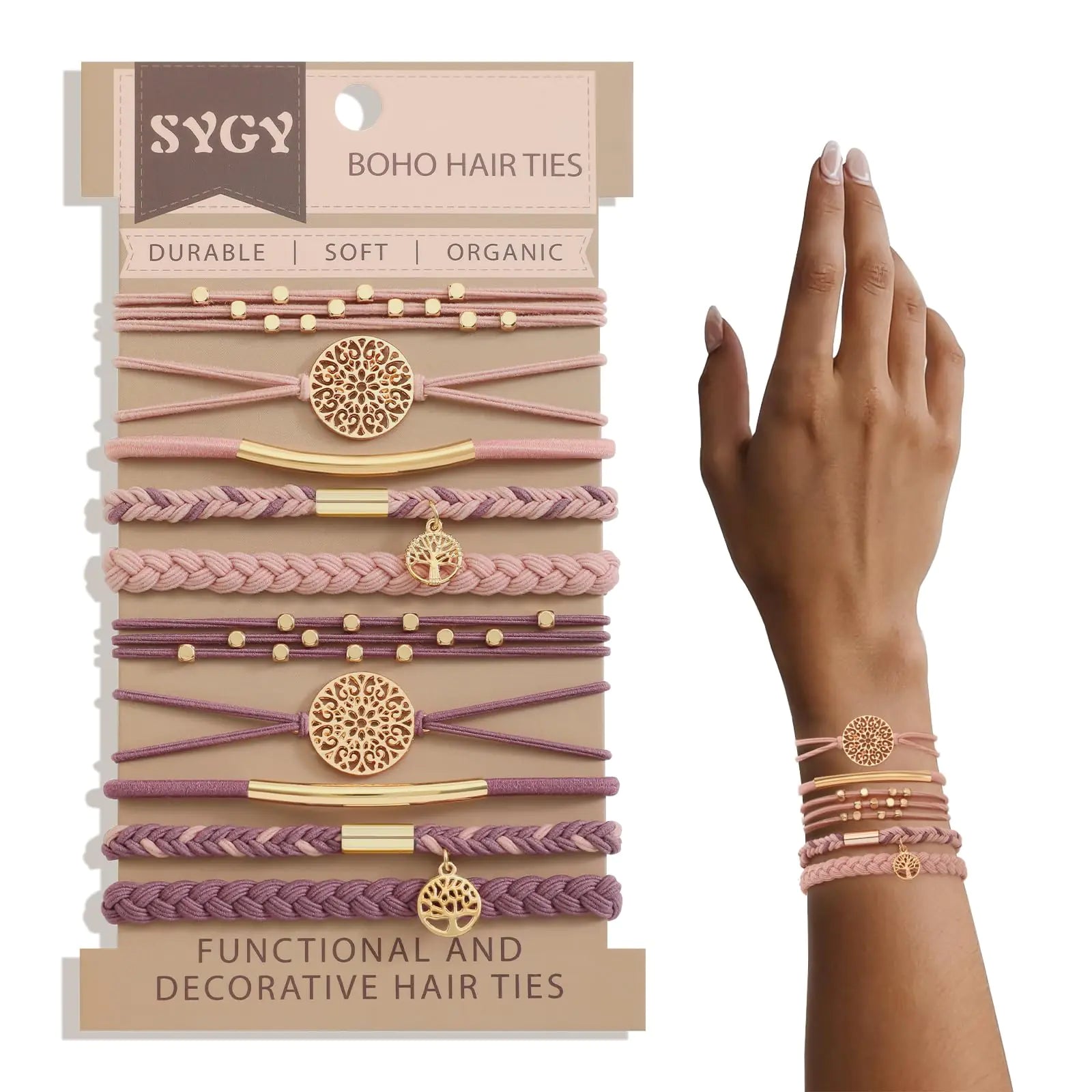 10-Pack Boho Pink Hair Ties & Bracelets