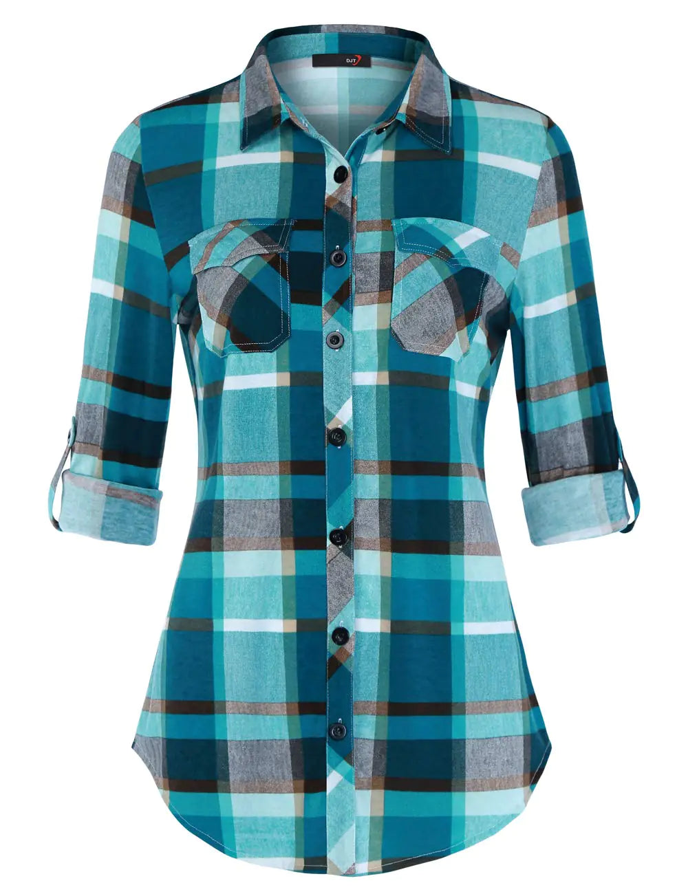 Women's Turquoise Plaid Roll-Up Shirt