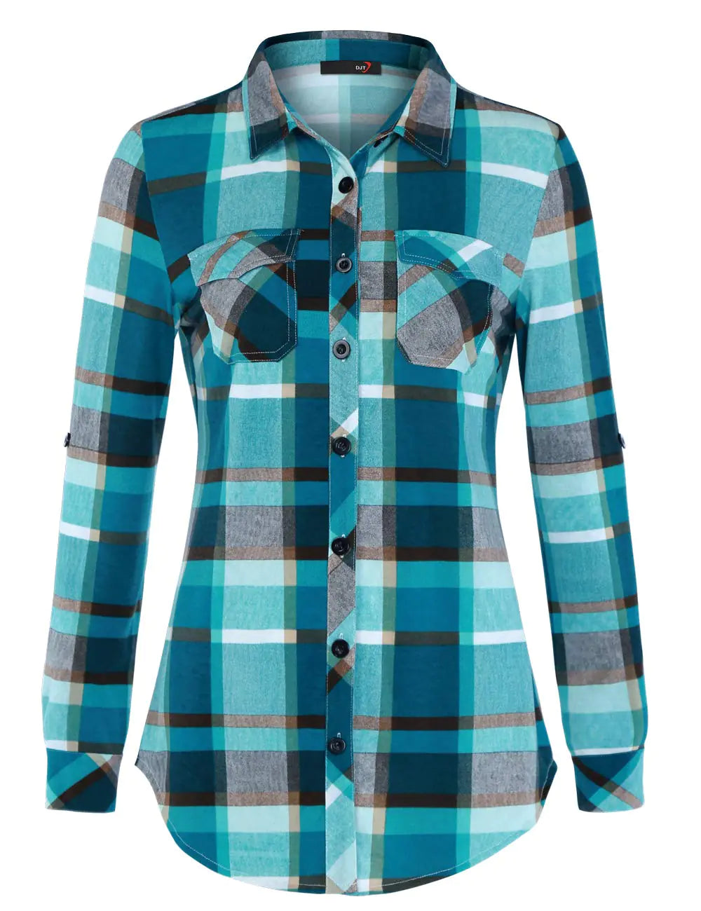 Buy turquoise Women&#39;s Turquoise Plaid Roll-Up Shirt