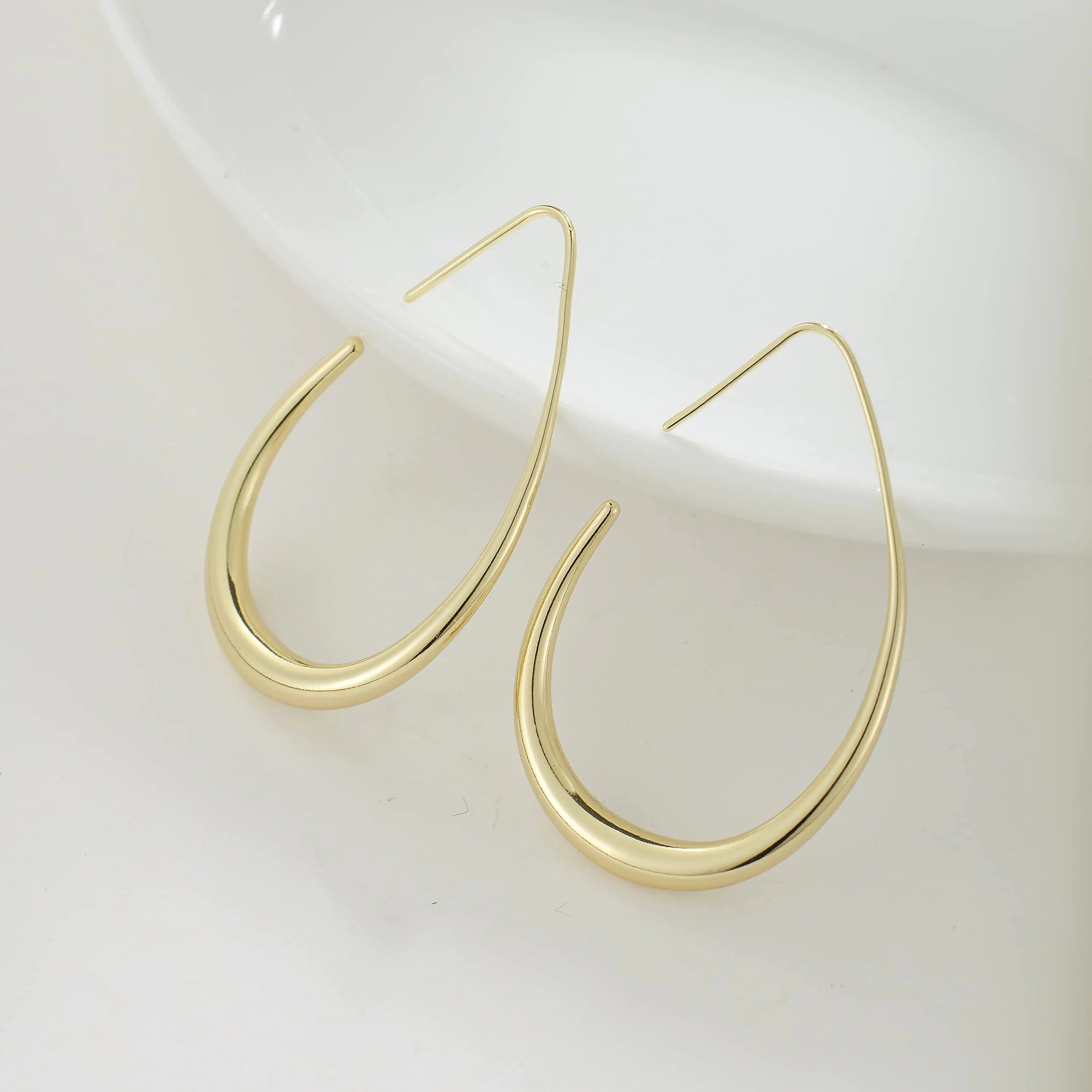 Lightweight Teardrop Hoop Earrings for Women - 14k Gold/White Gold Plated Large Oval Pull Through Hoop Earrings High Polished Statement Jewelry Gift for Women