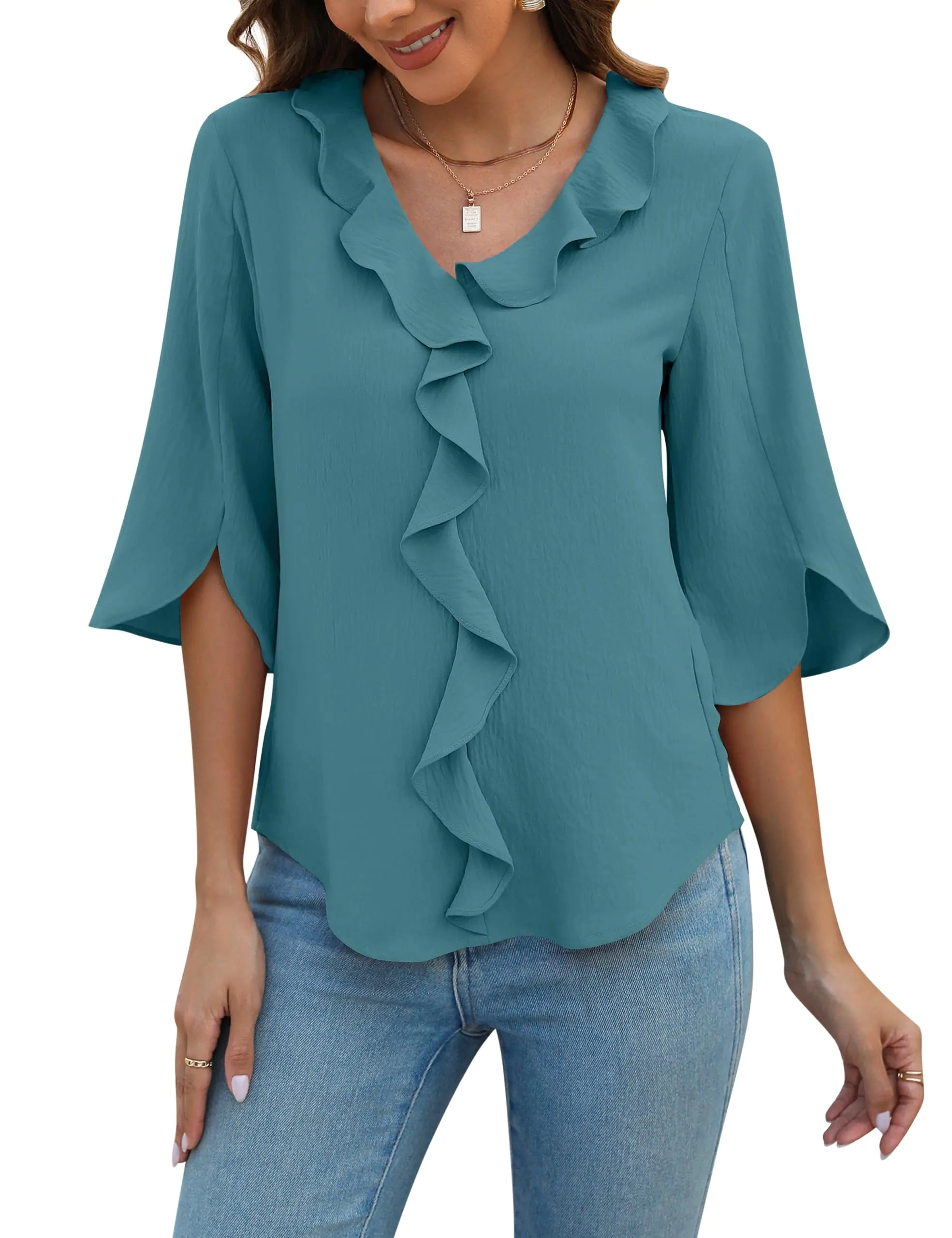 Women’s 3/4 Sleeve V-Neck Ruffle Blouse