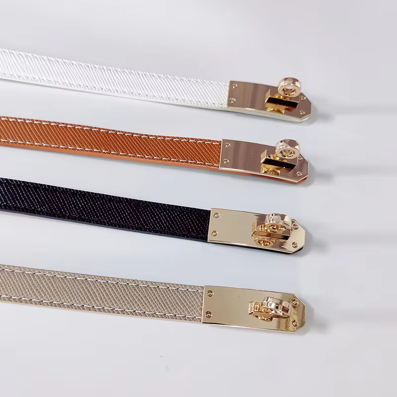 Women's Skinny Leather Belt with Silver Buckle