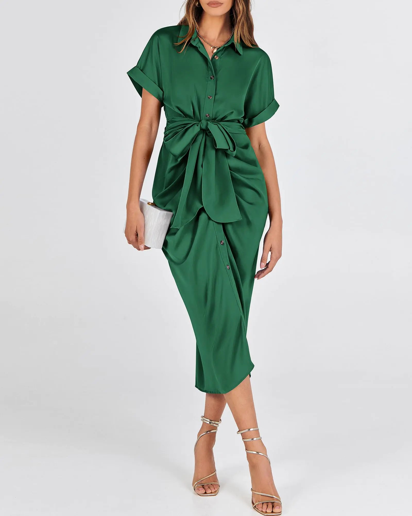 Women's Satin Button-Down Ruched Maxi Dress