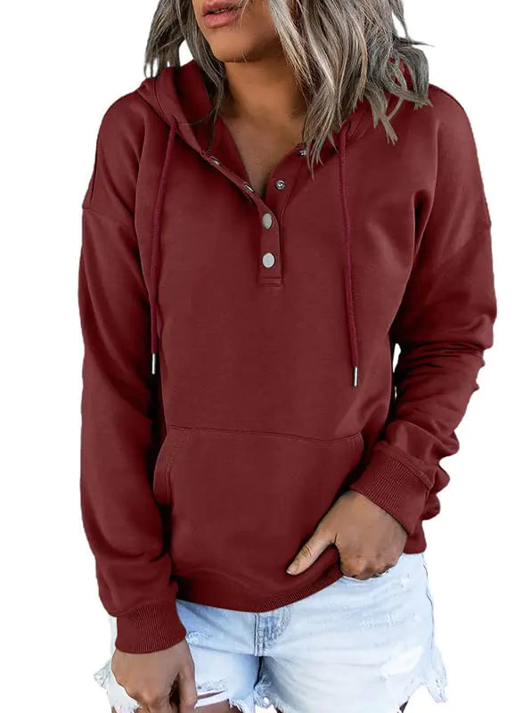 Buy red Dokotoo Women’s 2024 Button-Collar Hooded Pullover Sweatshirt