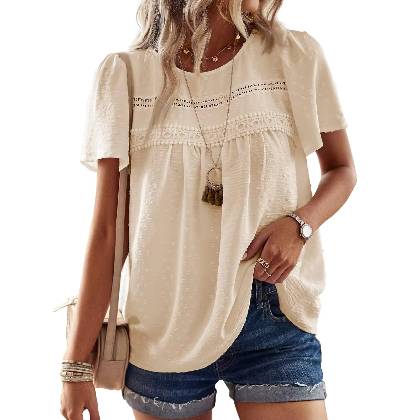 Women’s Crewneck Lace Hem Chiffon Top