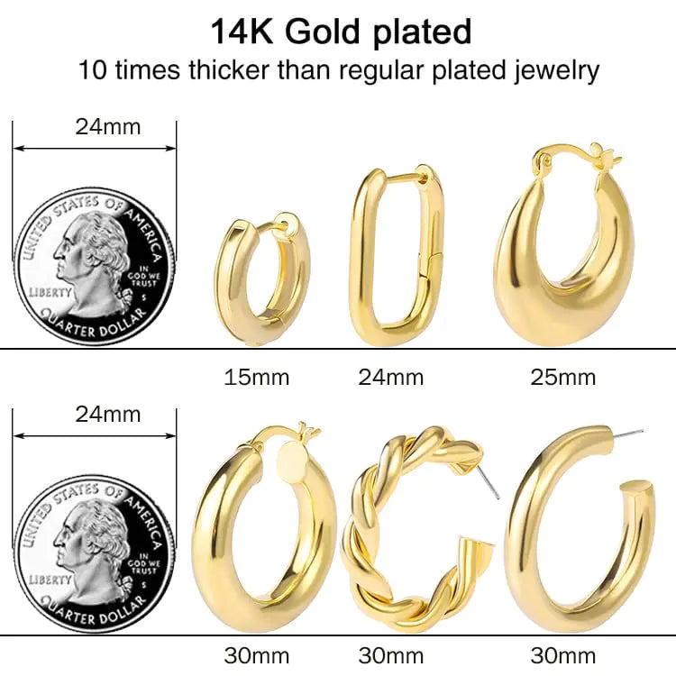 6 Pairs Chunky Gold Hoop Earrings Set for Women 14K Gold Plated Hypoallergenic Thick Open Huggie Hoop Set Jewelry for Gifts 01-Gold - 0