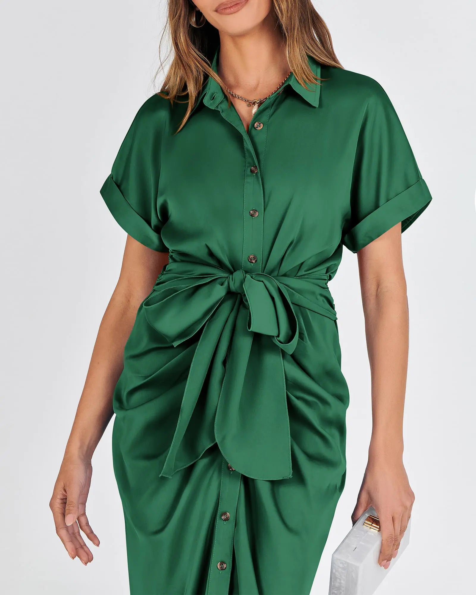 Women's Satin Button-Down Ruched Maxi Dress