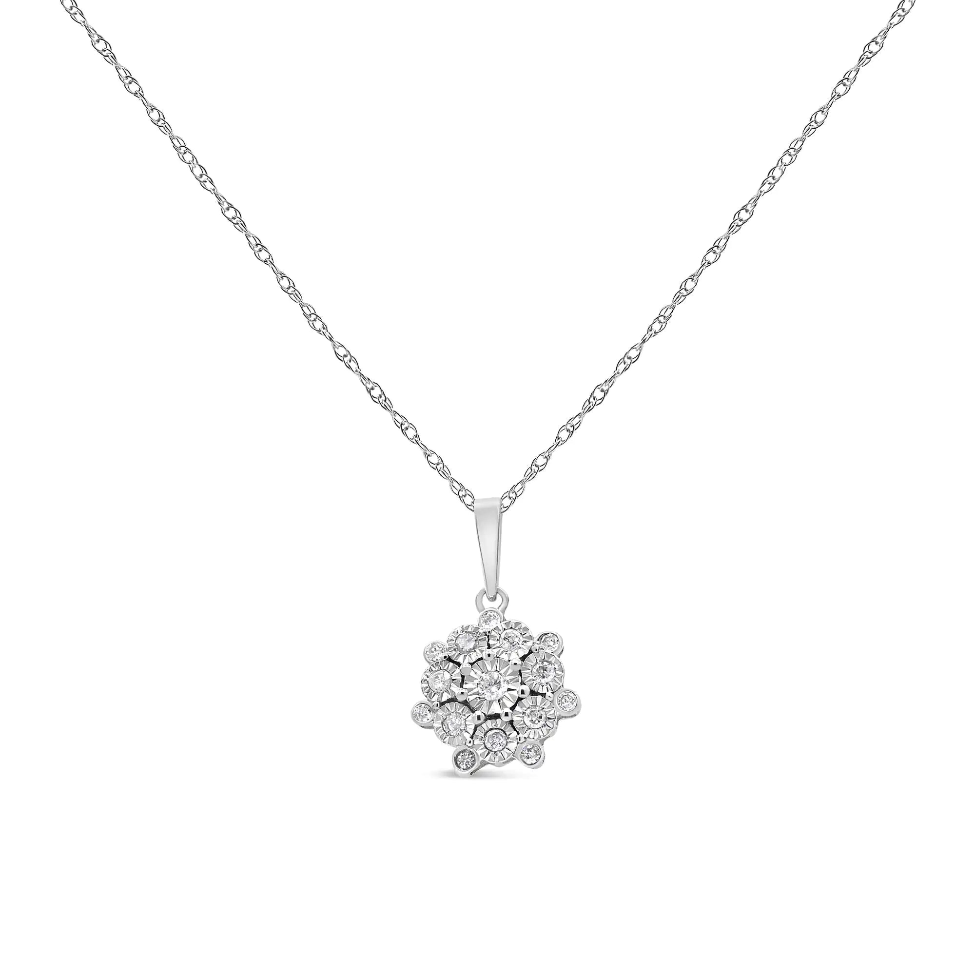 Sterling Silver Diamond Floral Cluster Necklace for women, 1/4 Cttw, Miracle Set, 18" - 0