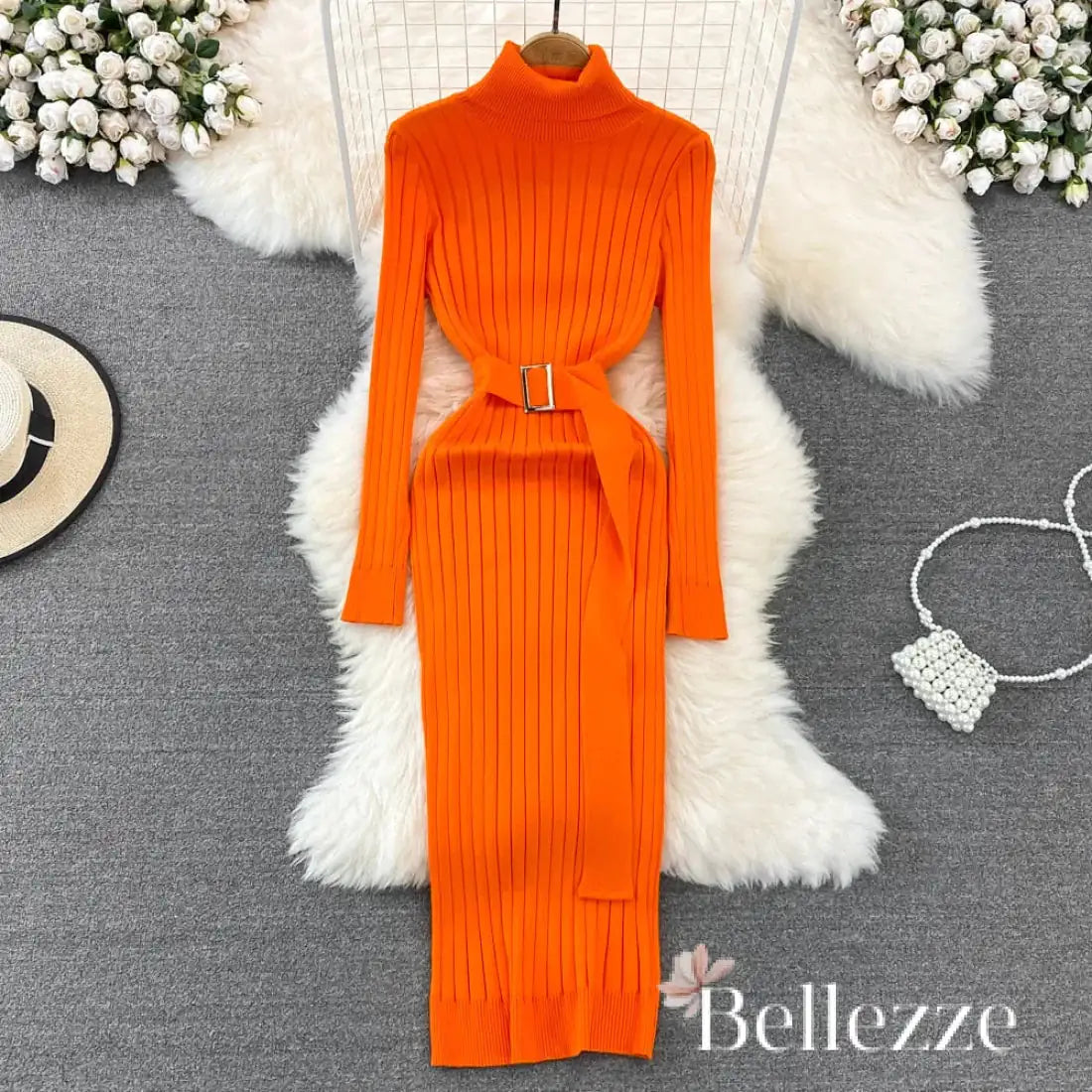 Buy orange Turtleneck Sexy Wrap Hips Knitted Dresses