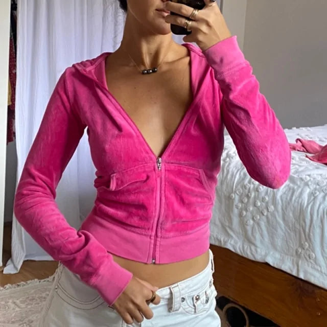 Buy pink Women&#39;s Velvet Zip Up Crop Hoodies