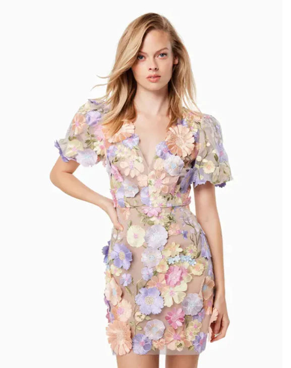 Elegant Floral V-Neck Lantern Sleeve Dress - 0