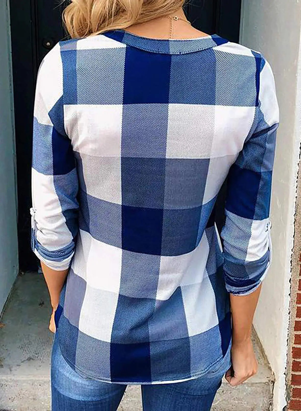 Women’s Casual V-Neck Plaid Blouse