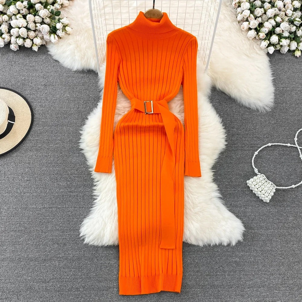 Turtleneck Sexy Wrap Hips Knitted Dresses - 0