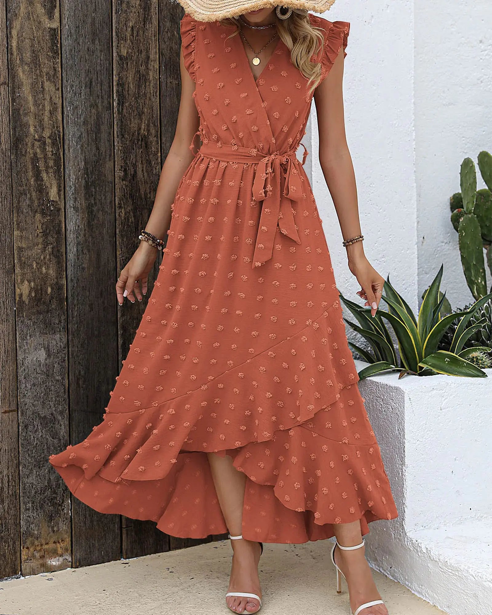 Women’s V-Neck Boho Swiss Dot Maxi Dress