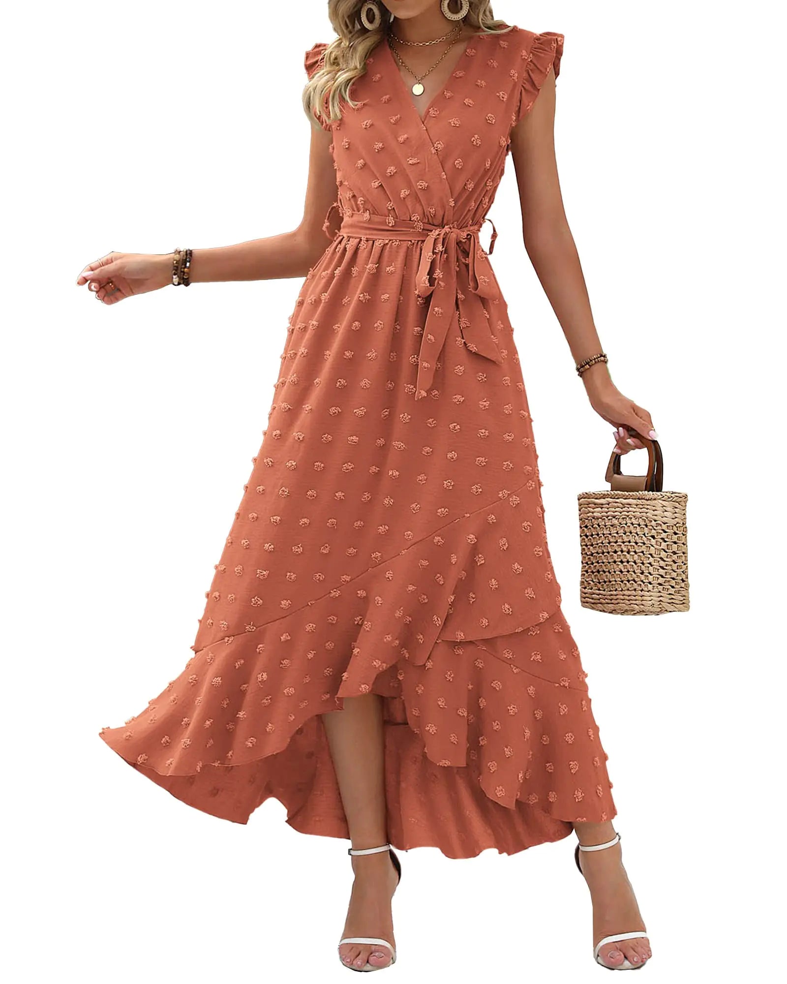 Women’s V-Neck Boho Swiss Dot Maxi Dress