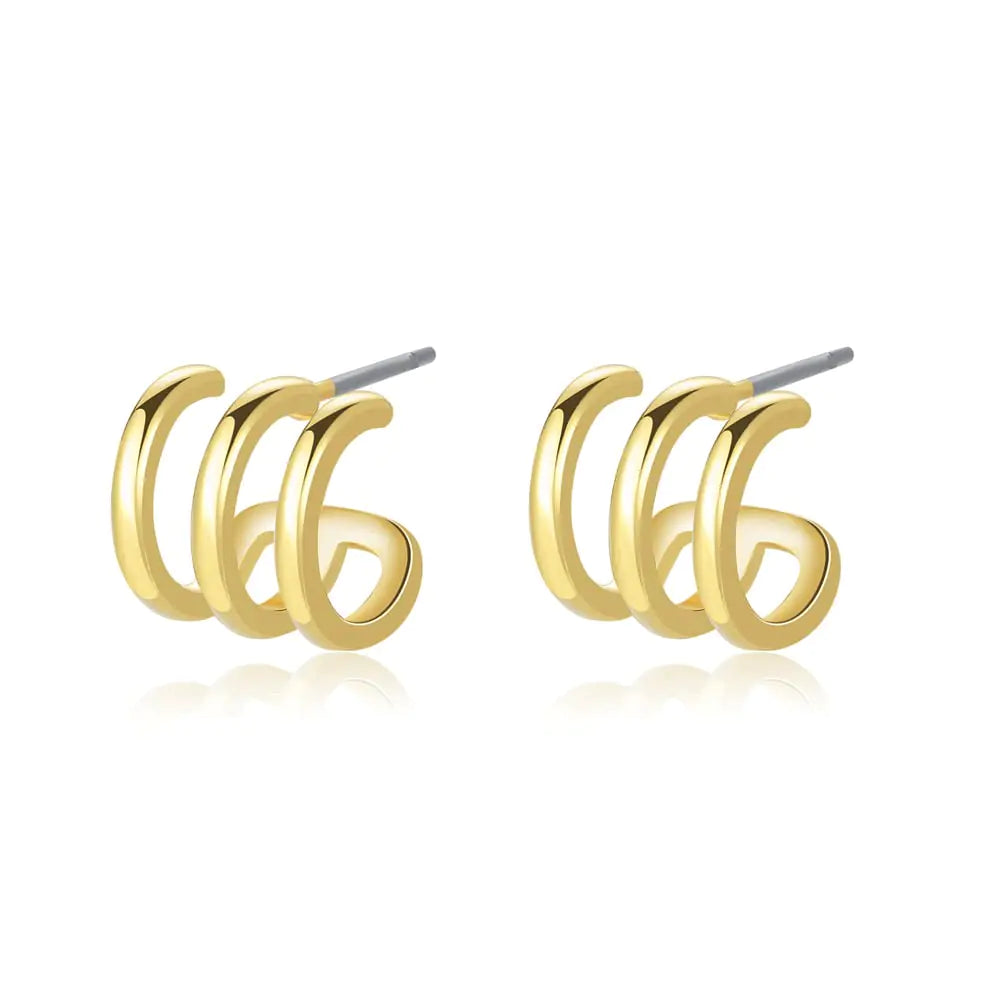 Obidos 14K Gold Plated Triple Huggie Illusion Stud Earrings | Double Huggie Hoop Earrings for One Hole | Gold Hoop Earrings for Women Triple Huggie Hoops