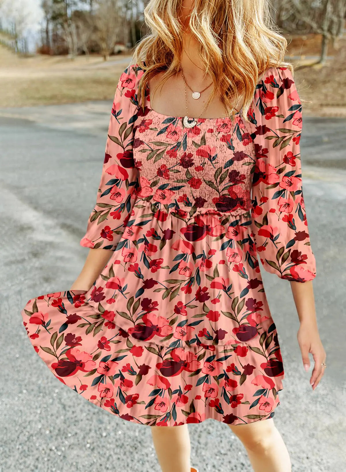 Boho Floral Square Neck A-Line Dress