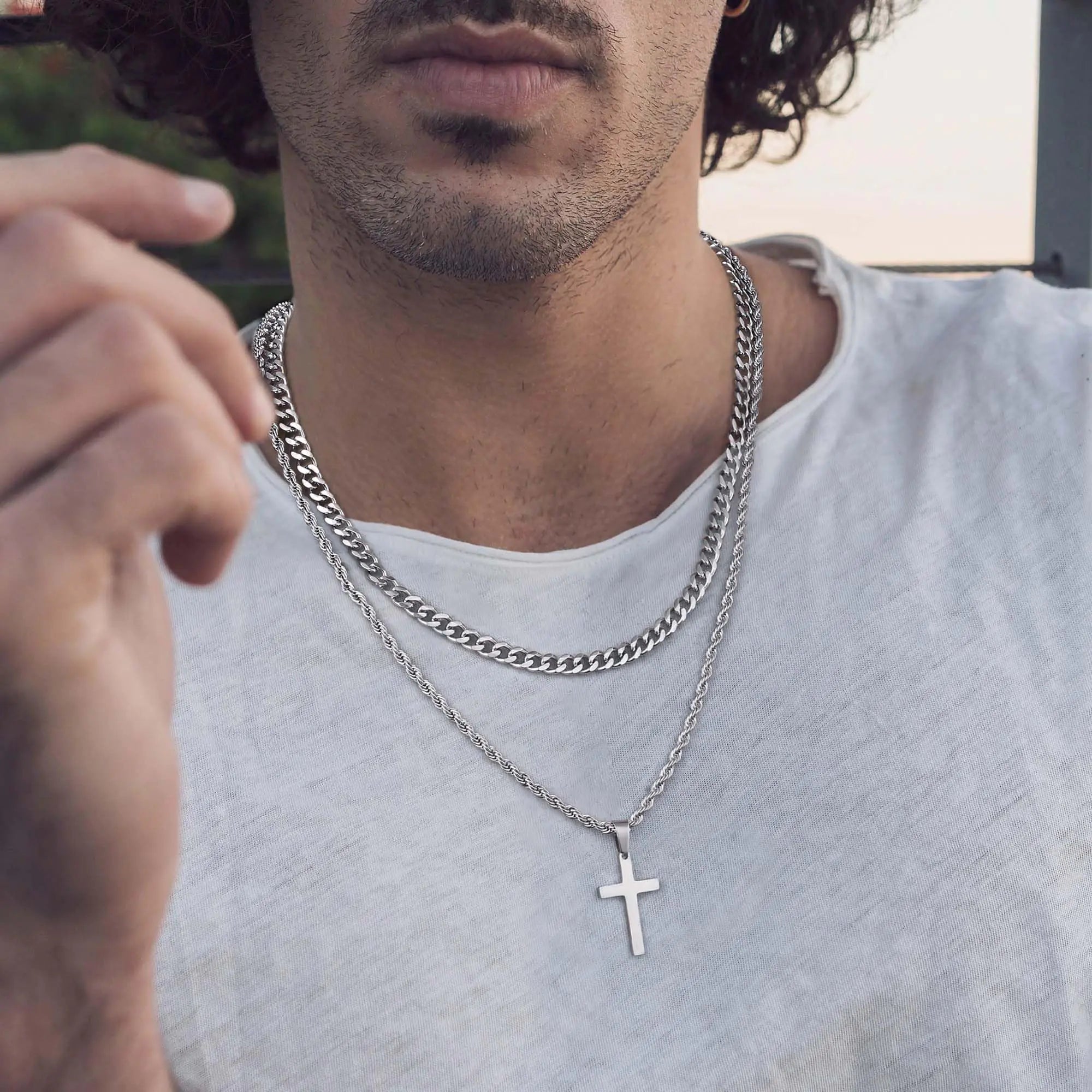 Men's Layered Stainless Steel Cross Necklace