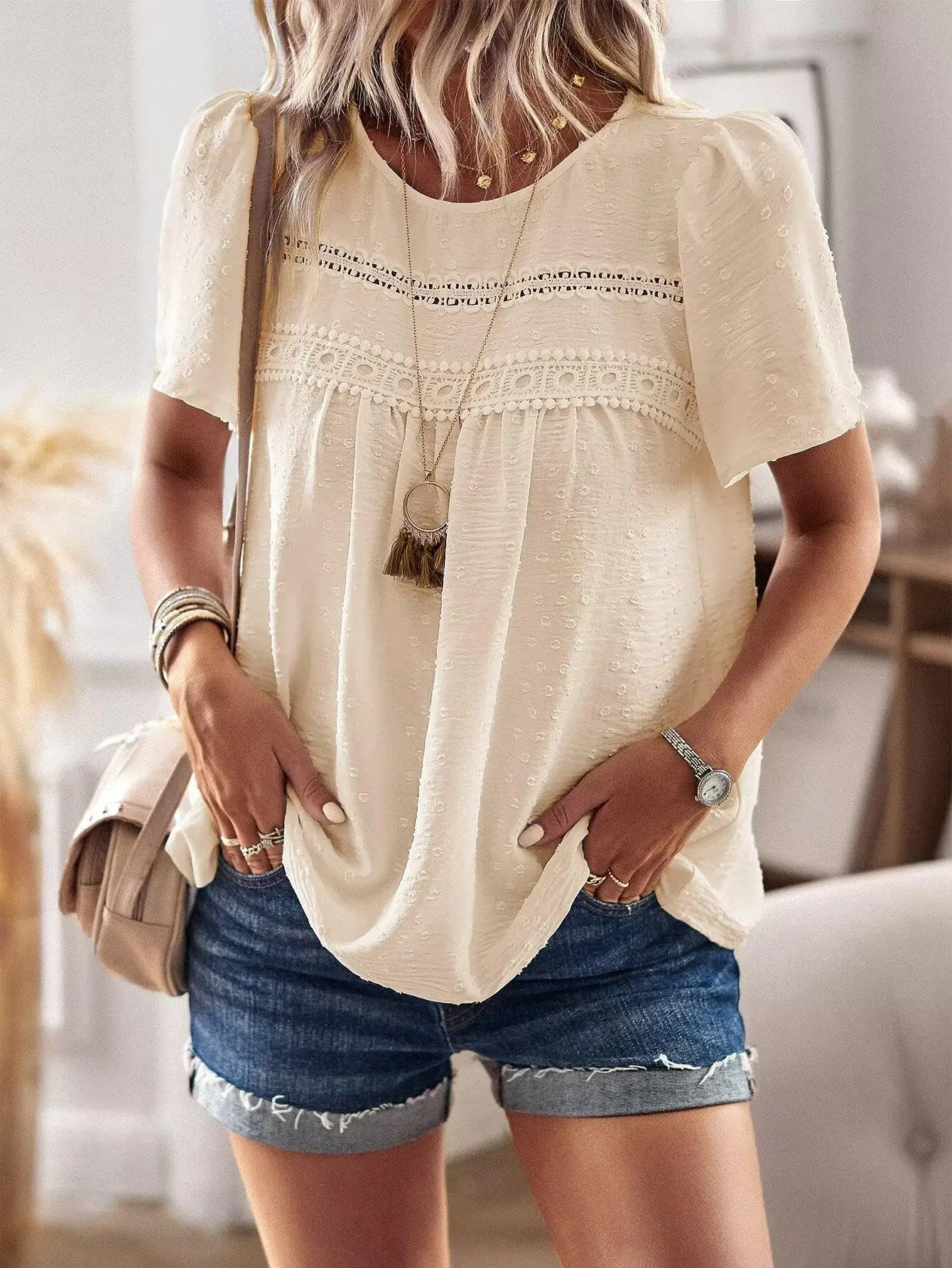 Women’s Crewneck Lace Hem Chiffon Top