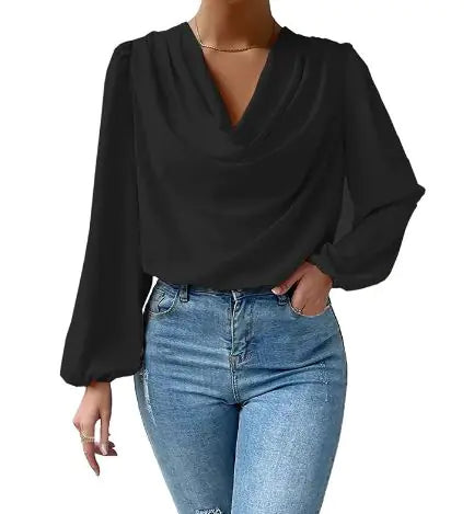 Buy black Fashion Women Blouses Pile Collar