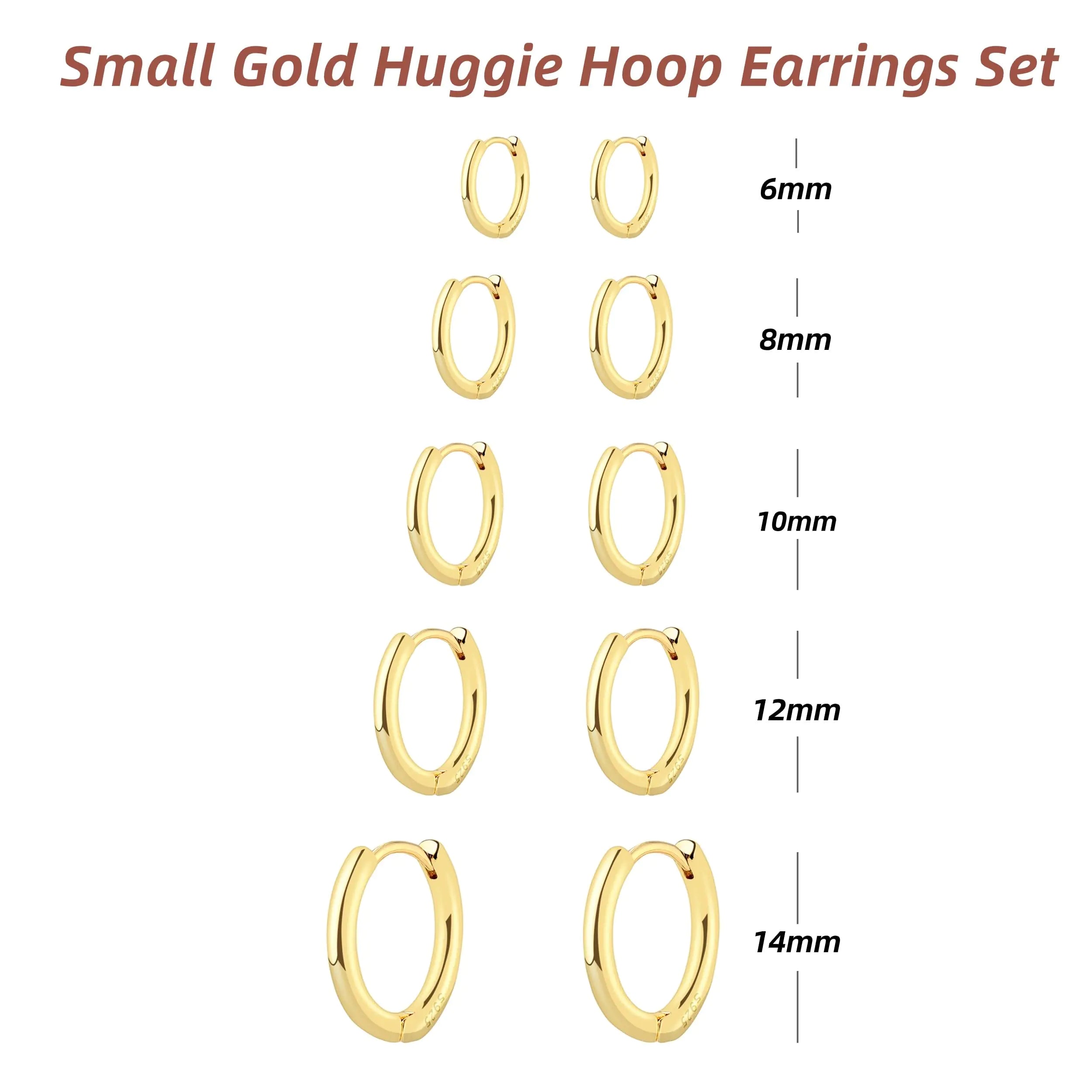 Small Gold Hoop Huggie Earrings Set for Women Non Tarnish 14K Gold Plated Lightweight Cartilage Earring Pack for Multiple Piercings for Sensitive Ears A:Gold-6mm+8mm+10mm+12mm+14mm