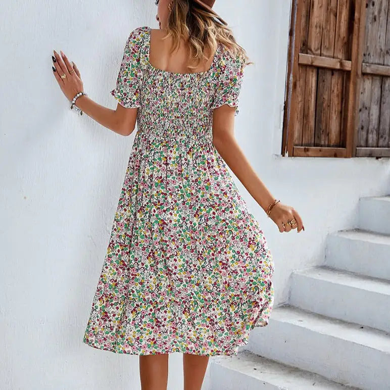 Beach Floral Smocked Sleeve Mini Dress