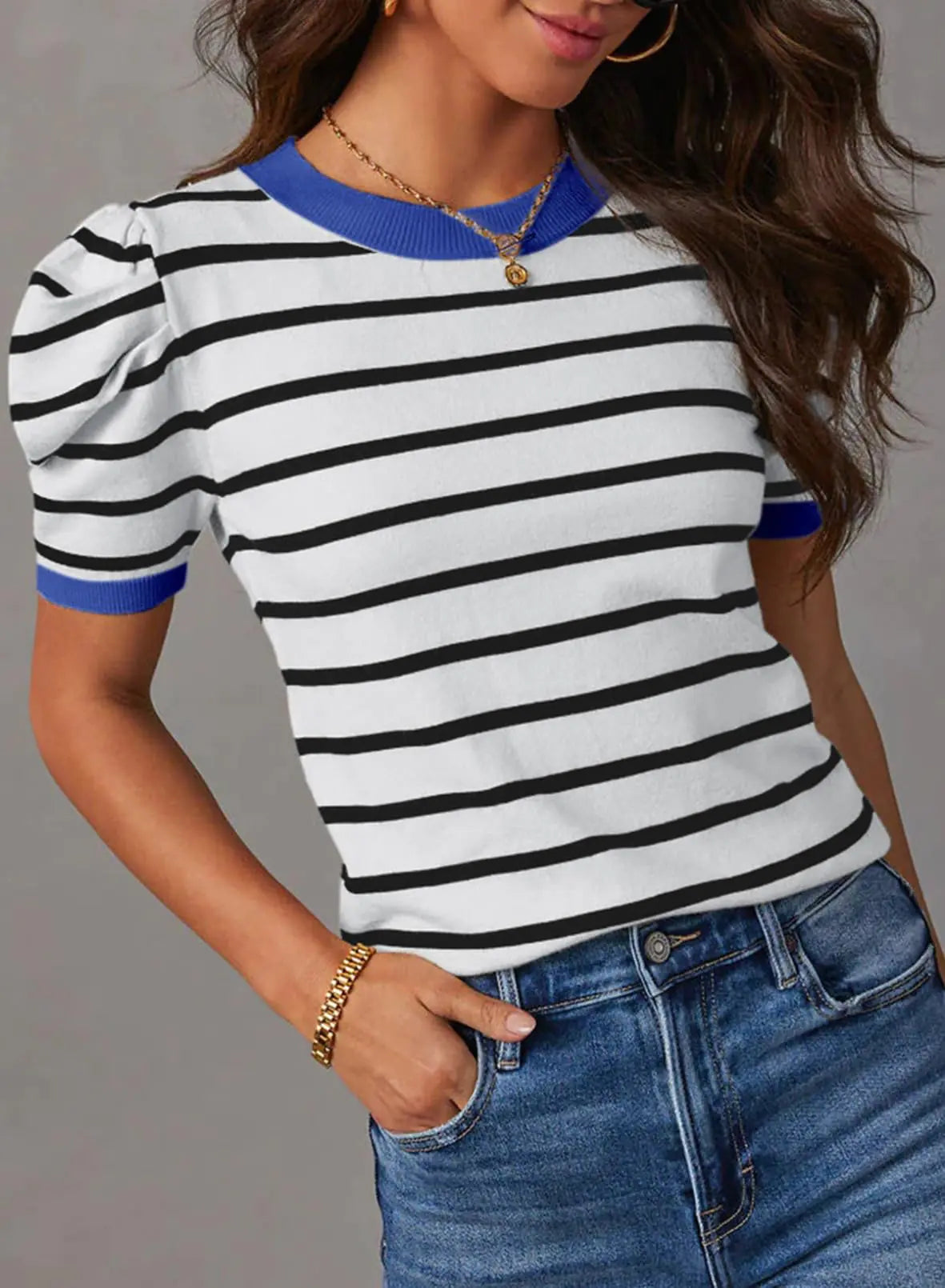 Trendy Puff Sleeve Striped Knit Top