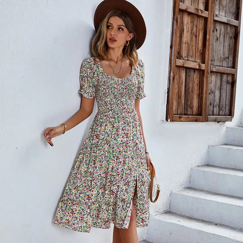 Beach Floral Smocked Sleeve Mini Dress