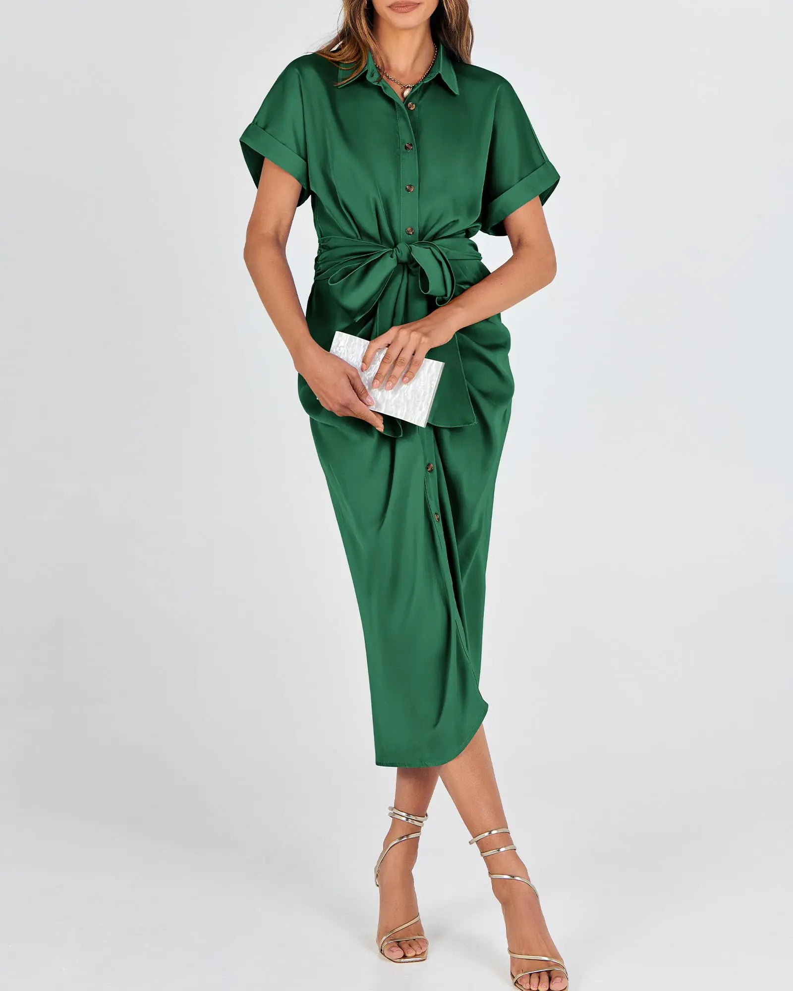 Women's Satin Button-Down Ruched Maxi Dress