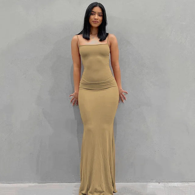 Buy khaki Satin Slip Backless Maxi Dress