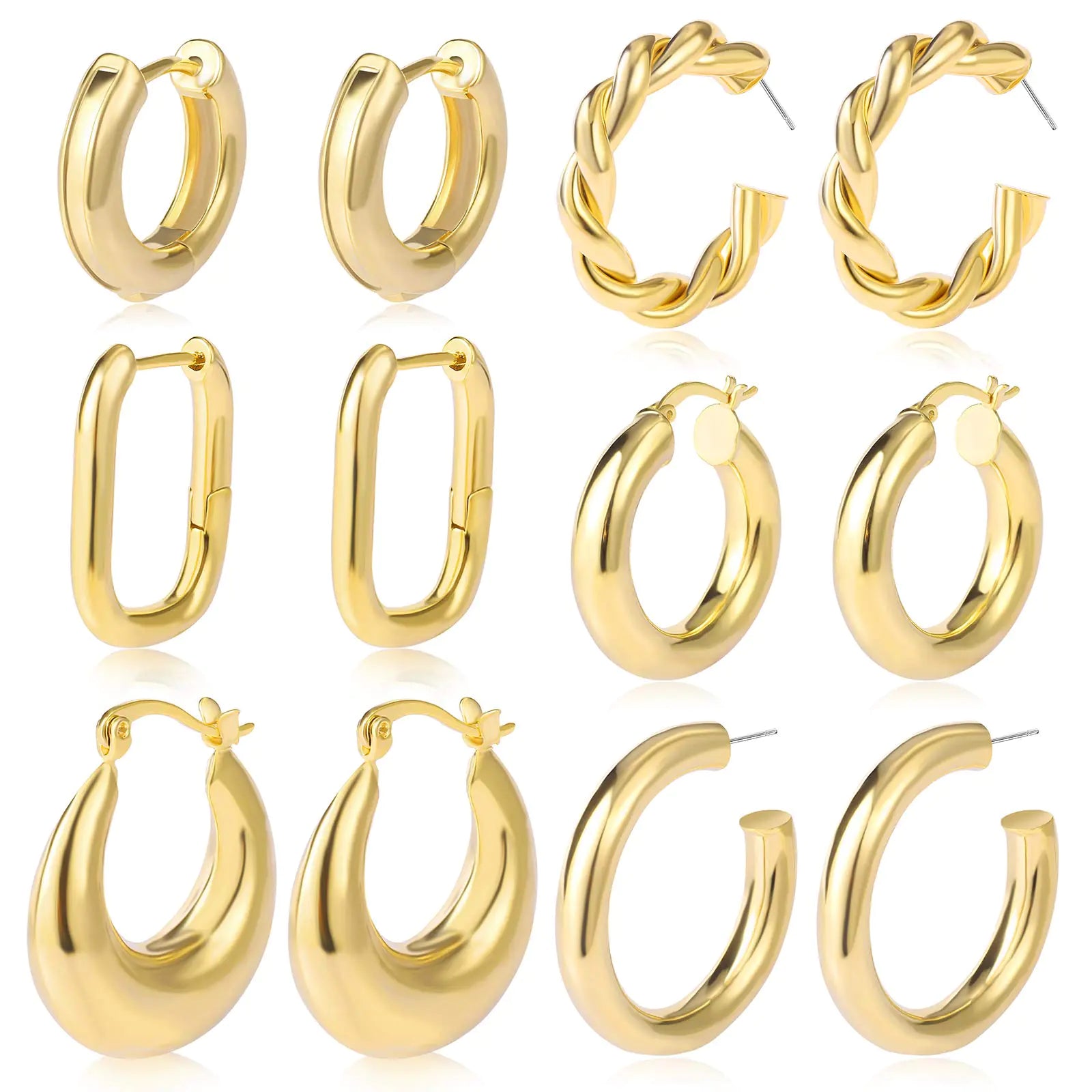 6 Pairs Chunky Gold Hoop Earrings Set for Women 14K Gold Plated Hypoallergenic Thick Open Huggie Hoop Set Jewelry for Gifts 01-Gold