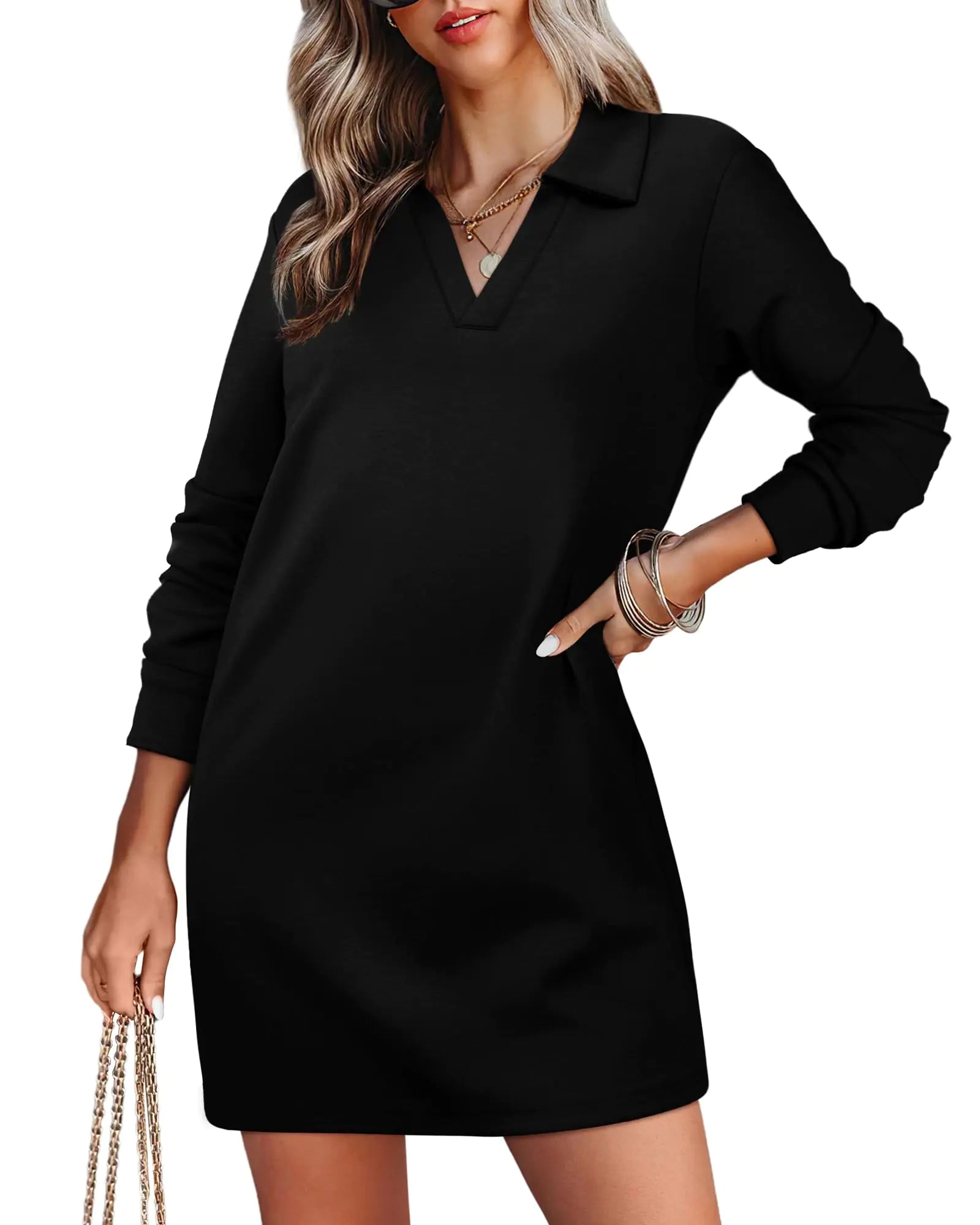 Women’s Long Sleeve Lapel V-Neck Dress