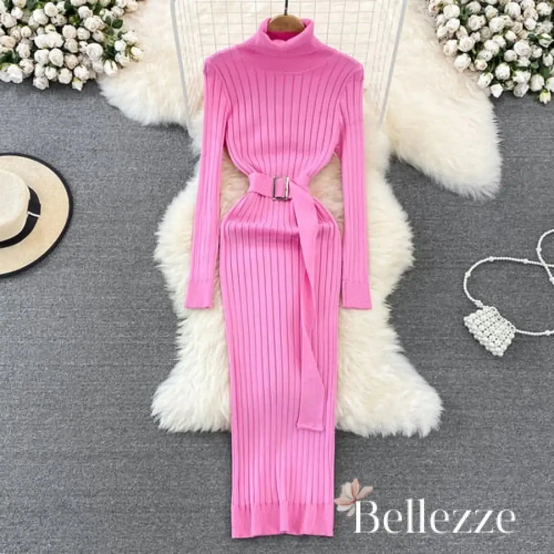 Buy pink Turtleneck Sexy Wrap Hips Knitted Dresses