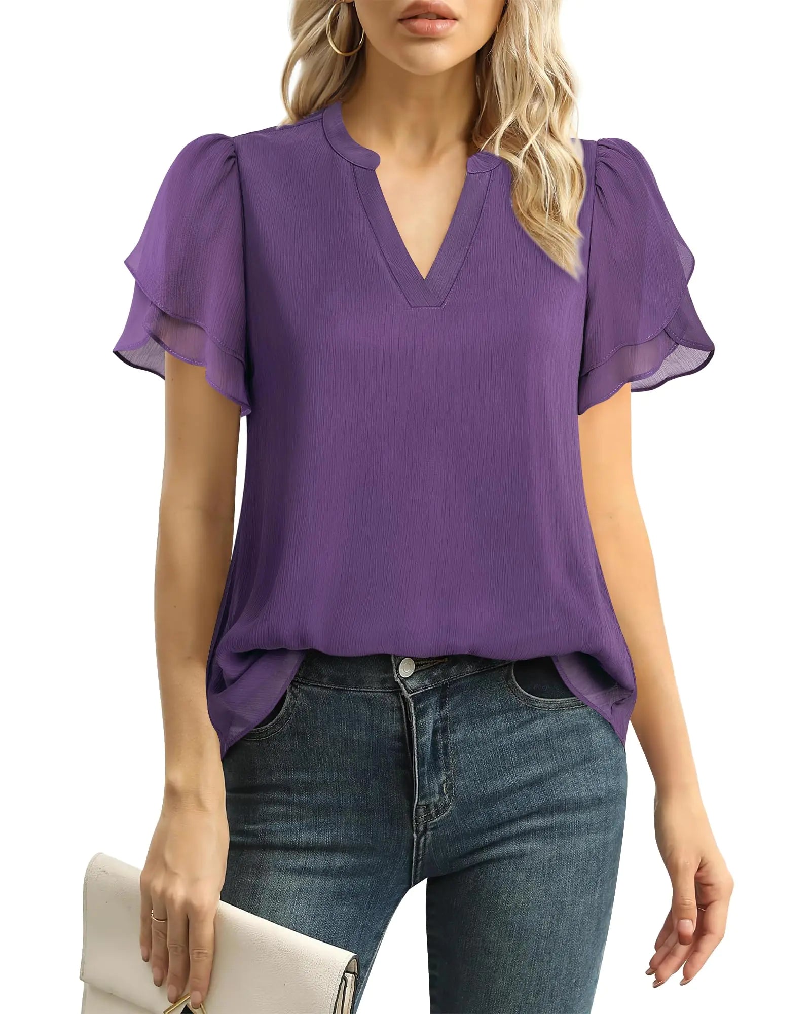 Women’s V-Neck Puff Sleeve Chiffon Blouse