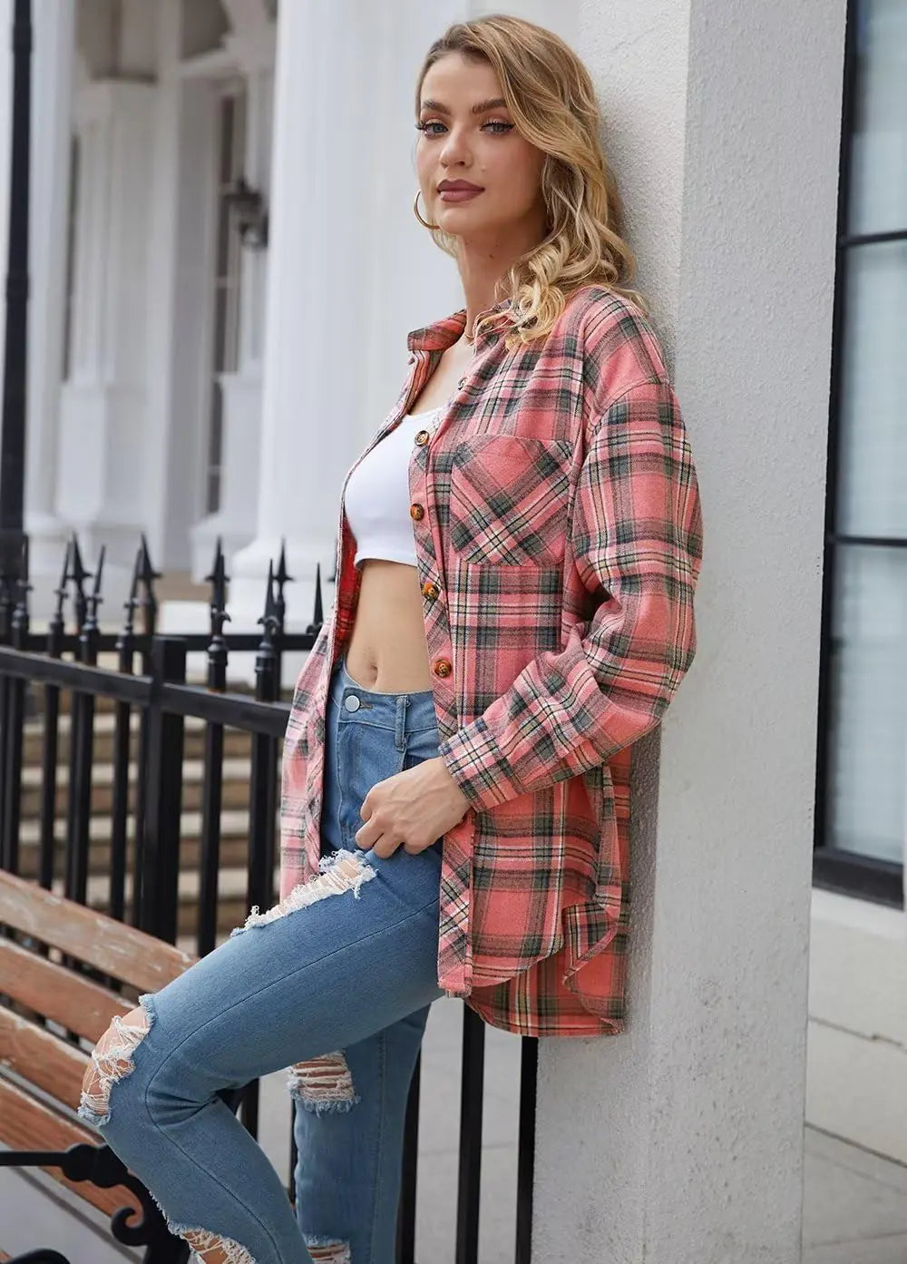 Womens Buffalo Plaid Flannel Button-Down Shirt