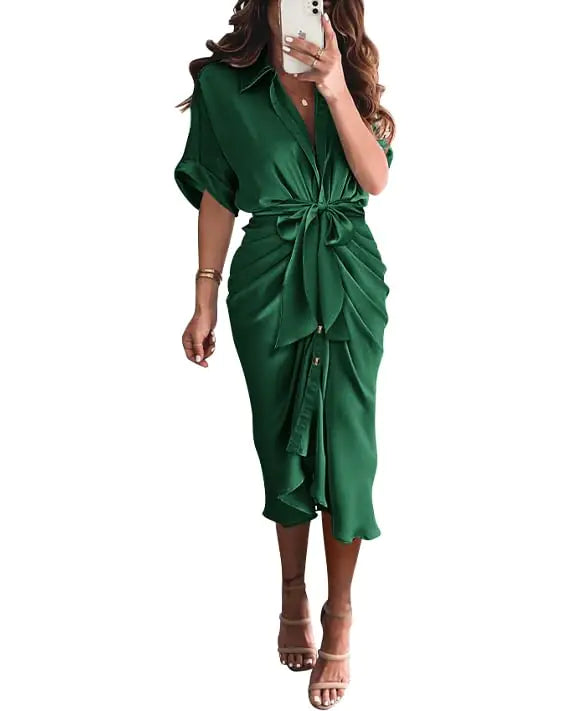 Women's Satin Button-Down Ruched Maxi Dress