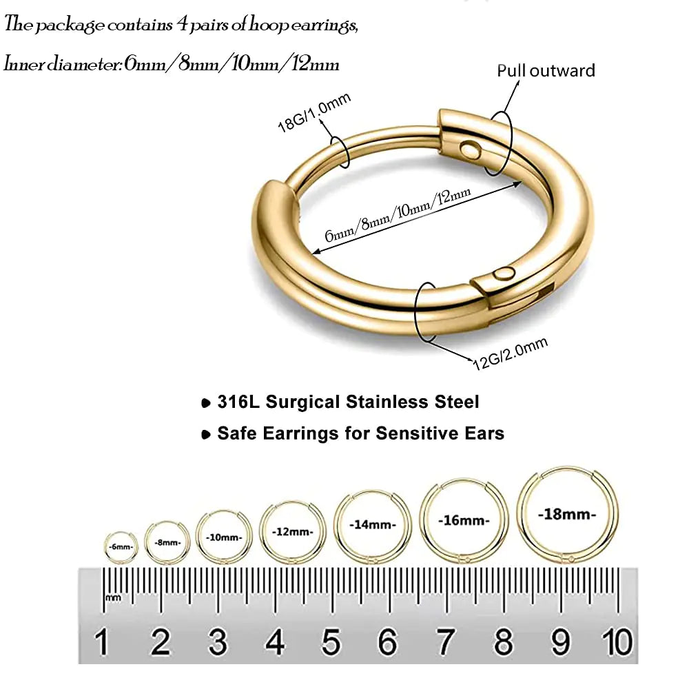 316L Surgical Stainless Steel Huggie Hoop Earrings 6mm 8mm 10mm 11mm 12mm 14mm Hypoallergenic Earrings Hoop Cartilage Helix Lobes Hinged Sleeper Earrings For Men Women G01:4Pairs gold(6mm/8mm/10mm/12mm)18G - 0