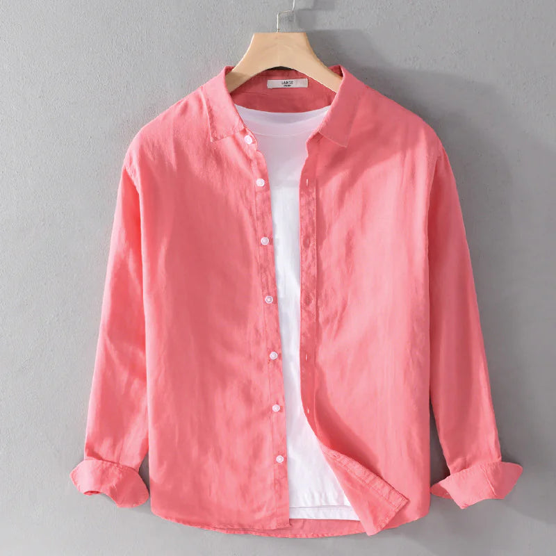 Buy watermelon-red-m Men&#39;s Cotton-Linen Long Sleeve Shirt