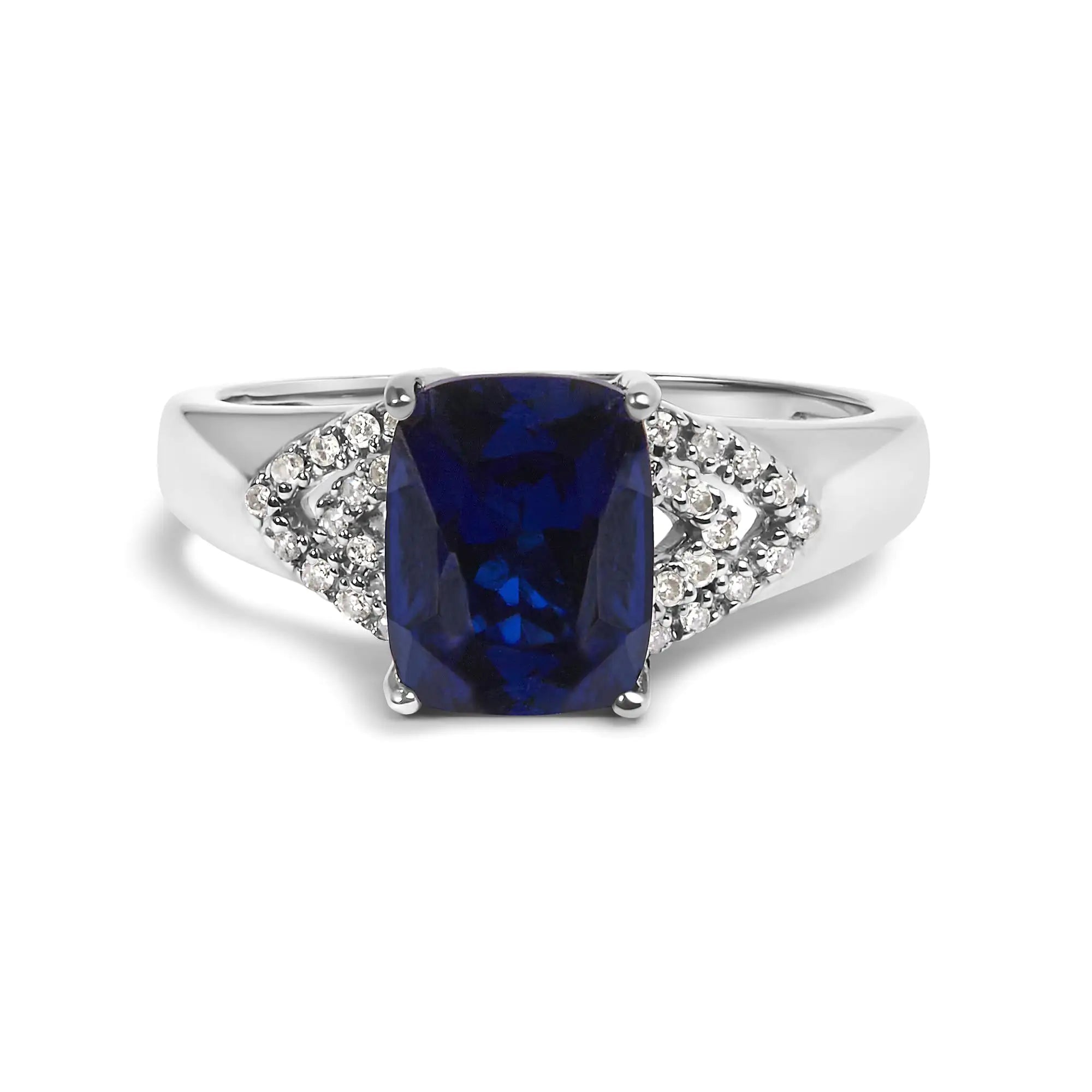 Sterling Silver Blue Sapphire and Diamond Ring, Cushion Cut, 9x7mm