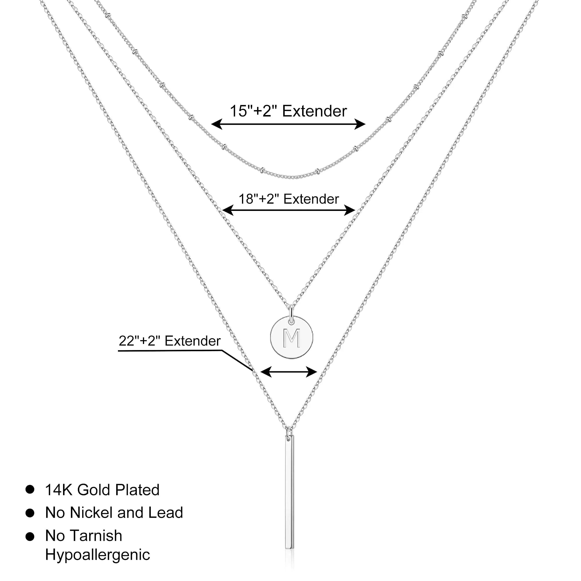 Gold Initial Layered Necklaces for Women, 14K Gold Plated Coin Letter Necklace Bar Stacking Necklace Layer Necklace Multi Bar Layering Y-Necklaces Jewelry for Women Silver P - 0