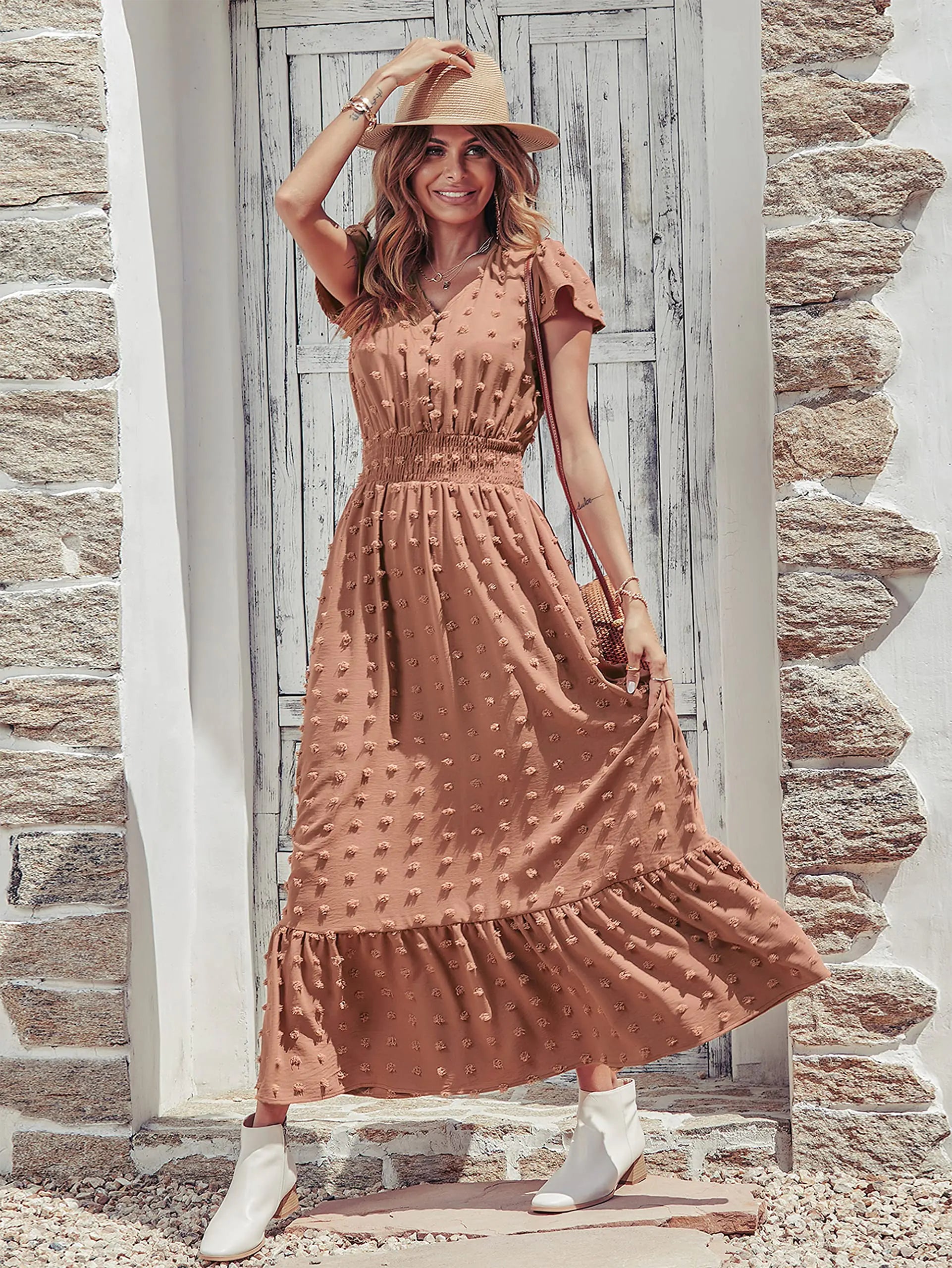 Women’s Boho V-Neck Ruffle Maxi Dress